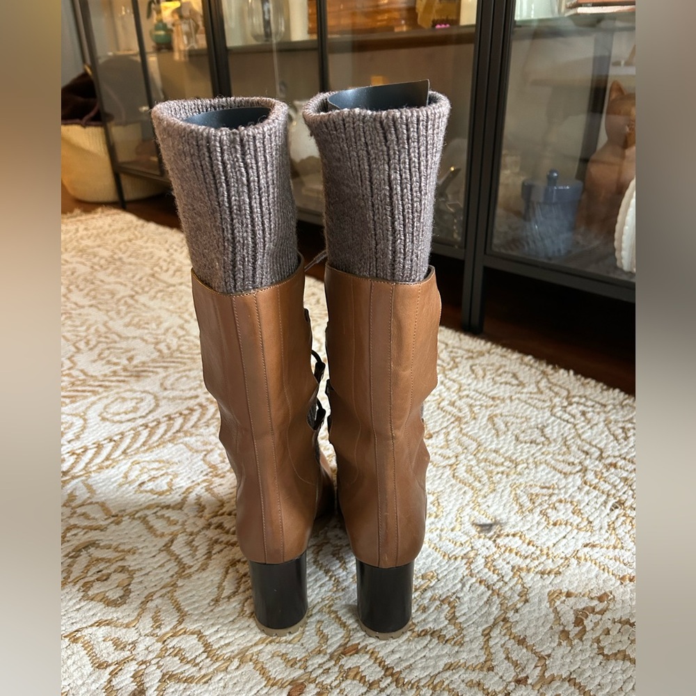 Chloe Collection RARE Brown Leather & Knit Heel Boots - Size EU 39/ 8-8.5 - Picture 3 of 6